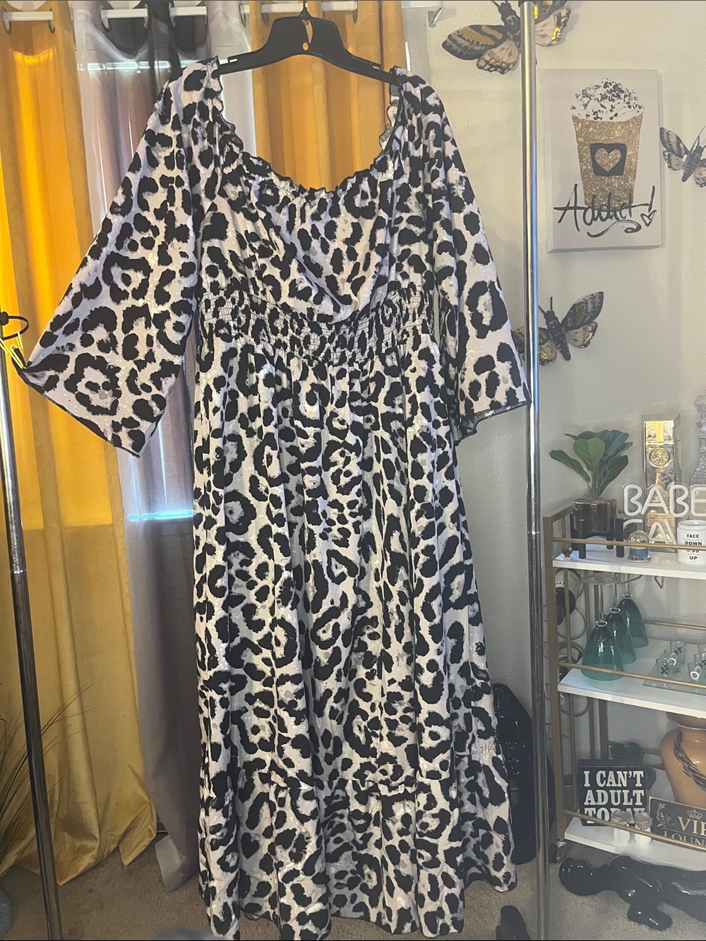 Black & Taupe Leopard Print Women's Off the shoulder Maxi Dress